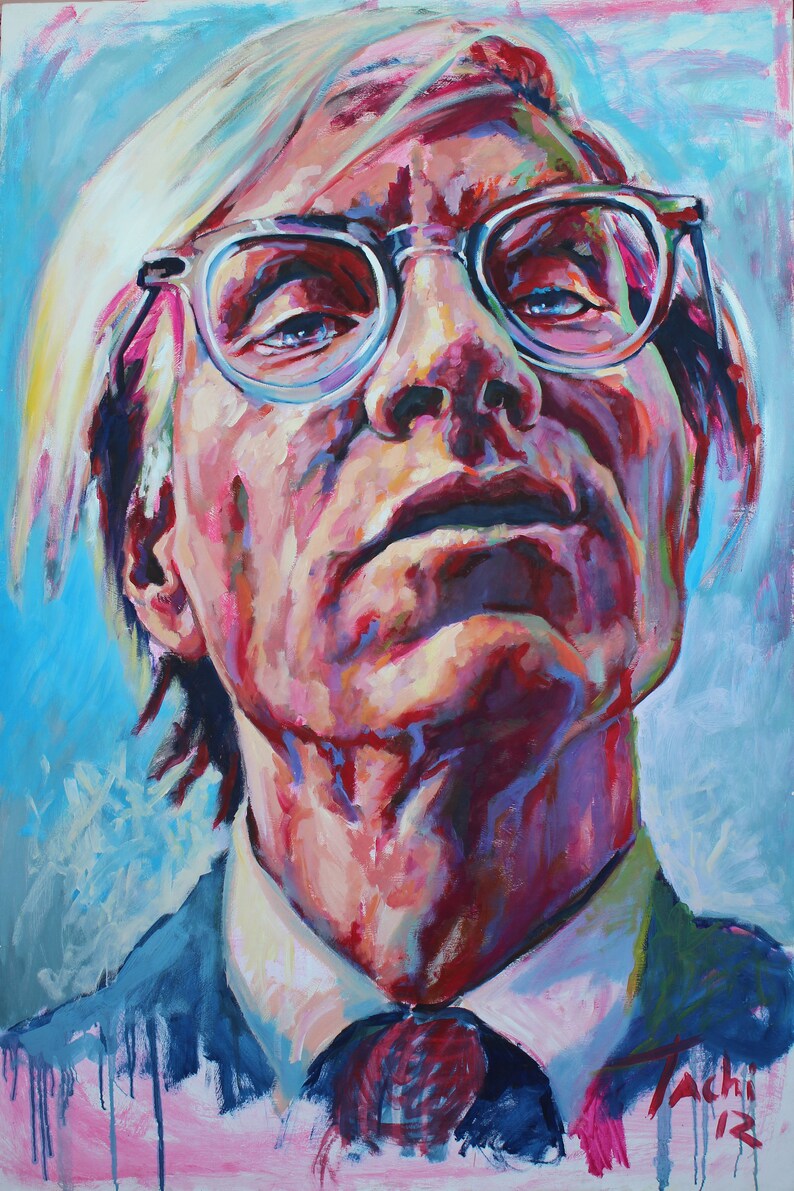 May include: An oil painting portrait of a man with white hair and glasses, looking up. The artwork features a vibrant color palette of blues, pinks, and reds. The man is wearing a suit and tie. The artist's signature and the year 2012 are visible.