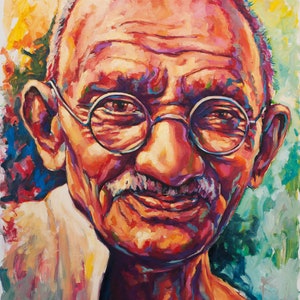 May include: A vibrant portrait of a man with round glasses and a white mustache. The artwork features a colorful palette of reds, oranges, and purples, with visible brushstrokes. The painting is signed "Tachi '12".