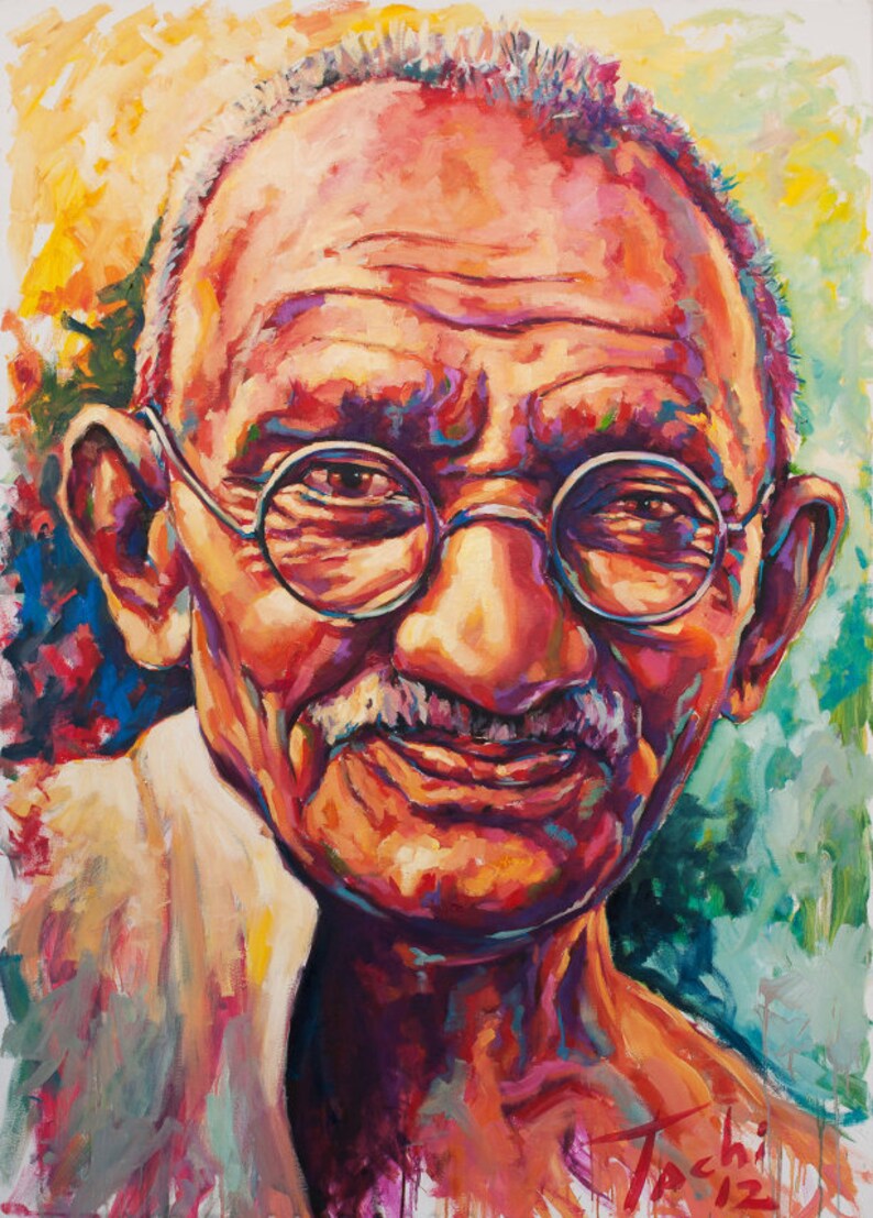 May include: A vibrant portrait of a man with round glasses and a white mustache. The artwork features a colorful palette of reds, oranges, and purples, with visible brushstrokes. The painting is signed "Tachi '12".