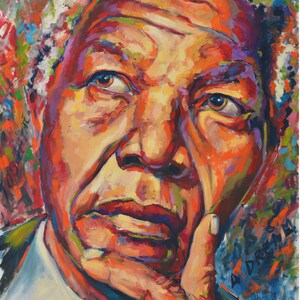 May include: A vibrant, colorful portrait painting of a man with a contemplative expression. The artwork features a close-up view, showcasing the subject's face with a hand touching the chin. The painting uses bold brushstrokes and a rich palette of reds, oranges, and blues.