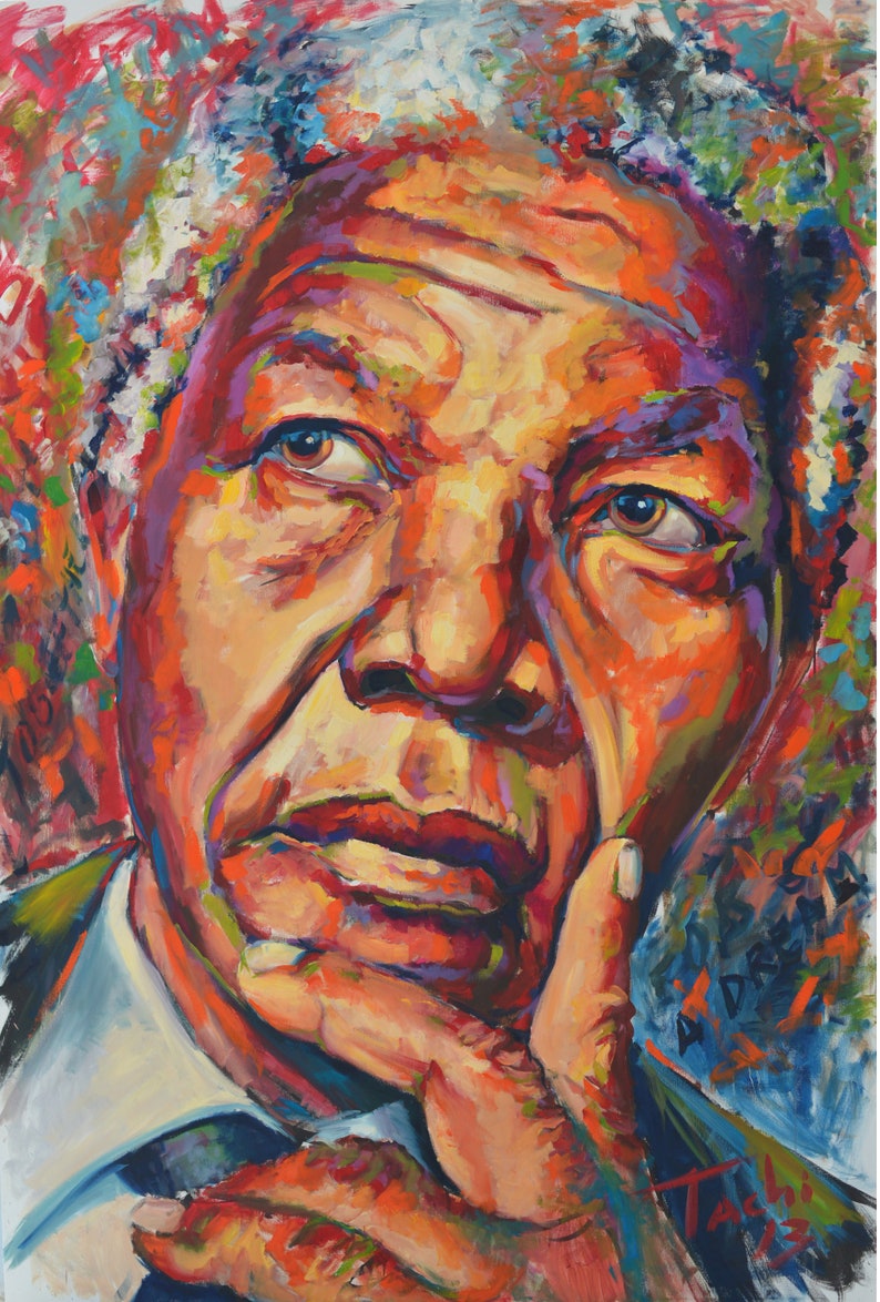 May include: A vibrant, colorful portrait painting of a man with a contemplative expression. The artwork features a close-up view, showcasing the subject's face with a hand touching the chin. The painting uses bold brushstrokes and a rich palette of reds, oranges, and blues.