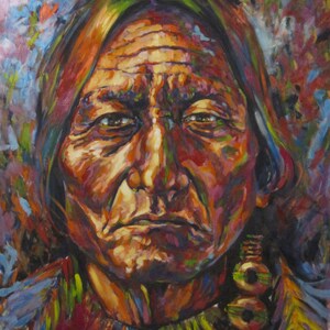 May include: An oil painting of a Native American man with a stern expression. The portrait features a vibrant palette of colors, including reds, oranges, blues, and greens. The man wears a feathered headdress and a decorative earring.