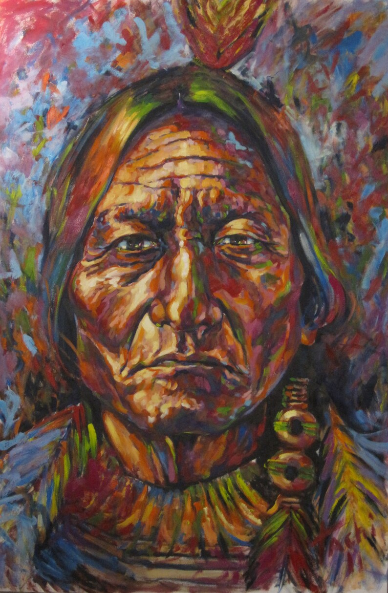 May include: An oil painting of a Native American man with a stern expression. The portrait features a vibrant palette of colors, including reds, oranges, blues, and greens. The man wears a feathered headdress and a decorative earring.