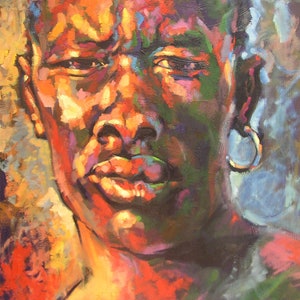 May include: An expressive oil painting of a person's face, rendered in vibrant hues of orange, red, green, and blue. The subject has a serious expression, with a large hoop earring. The artist's signature and the year '10' are visible.