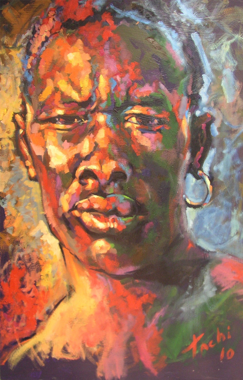 May include: An expressive oil painting of a person's face, rendered in vibrant hues of orange, red, green, and blue. The subject has a serious expression, with a large hoop earring. The artist's signature and the year '10' are visible.