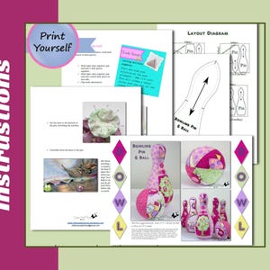 K&ouml;nnte beinhalten: Eine druckbare Vorlage zum N&auml;hen eines Sets aus Stoff-Bowling-Pins und einem Ball. Die Vorlage enth&auml;lt Anweisungen und ein Layout-Diagramm. Das fertige Produkt ist auf dem Bild zu sehen, mit einem rosa-gr&uuml;nen Farbschema.
