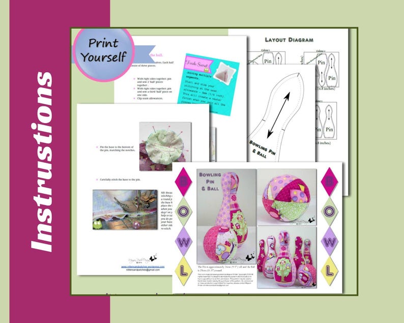K&ouml;nnte beinhalten: Eine druckbare Vorlage zum N&auml;hen eines Sets aus Stoff-Bowling-Pins und einem Ball. Die Vorlage enth&auml;lt Anweisungen und ein Layout-Diagramm. Das fertige Produkt ist auf dem Bild zu sehen, mit einem rosa-gr&uuml;nen Farbschema.