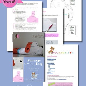 May include: A sewing pattern for a sausage dog plushie. The pattern includes instructions and a table of contents. The pattern is 31.5 inches long and is available for download on the website www.nittensandpatches.wordpress.com.