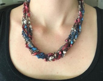 Multi Color Crochet Necklace Adjustable Yarn Ladder Trellis Ribbon Dusty Rose Blue Lightweight Necklace Lariat Metal Free Necklace Grab Bag