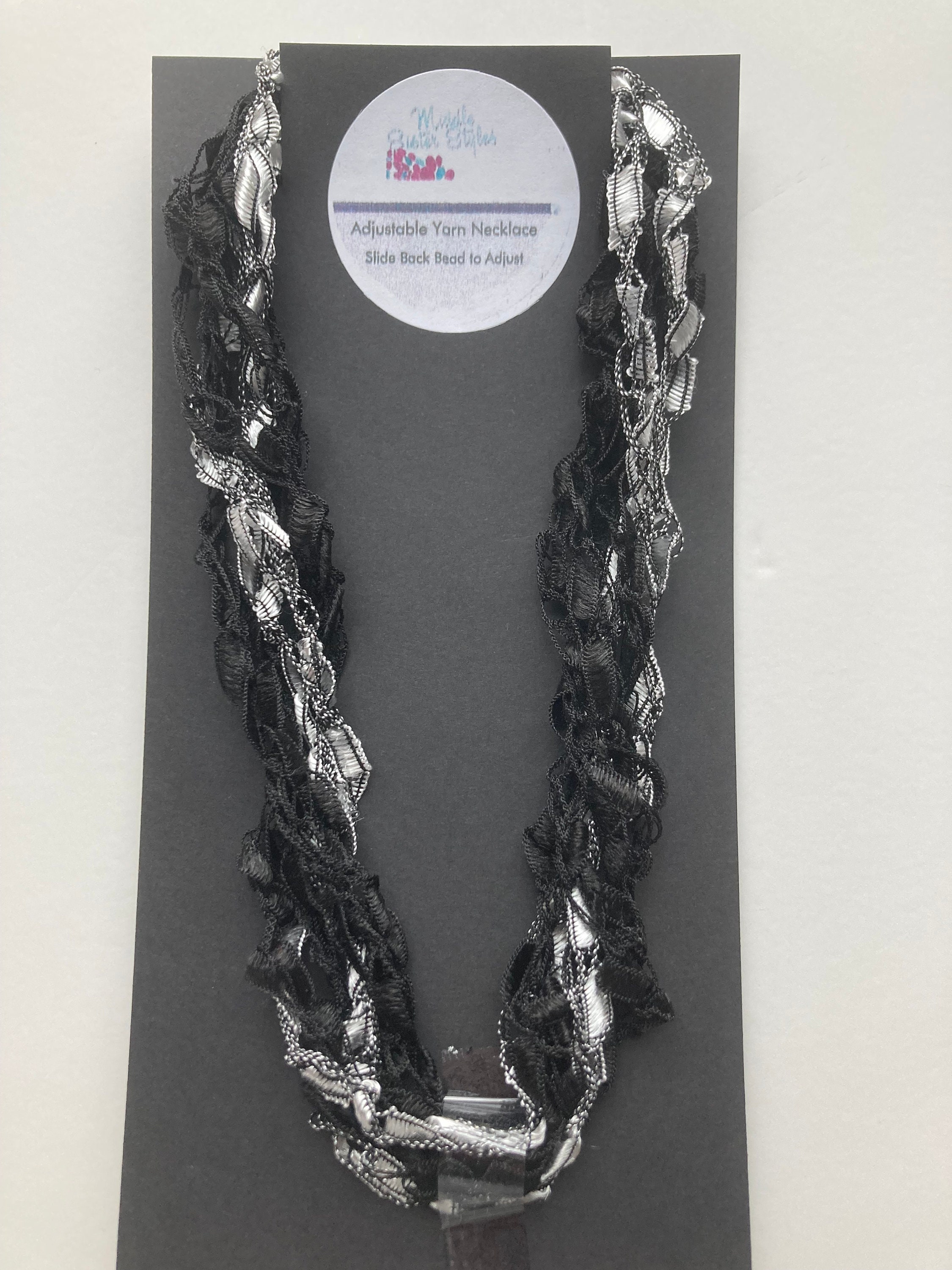 Black Silver Necklace Crochet Adjustable Scarf TIMES UP Handmade Yarn Ladder Fabric Stocking Stuffer