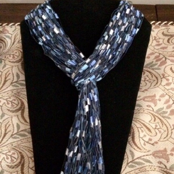 Blue Scarf Ladder Yarn Scarf Trellis Scarf Ribbon Scarf Lariat Lightweight Knotted Belt Fabric Necklace Handmade Mother's Day Gift