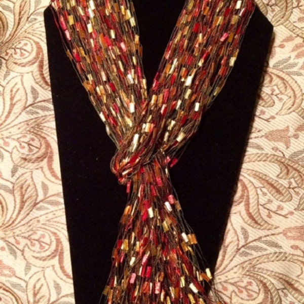 Mother's Day Scarf Fall Color Necklace Lariat Scarf Ladder Yarn Scarf Cascading Scarf Trellis Necklace Ribbon Fringe Knotted Fabric Belt