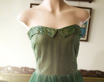 1950s green tulle ballgown with sequins