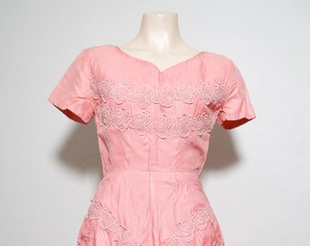 1950s pink silk fit and flare dress with lace applique