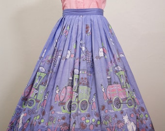 Vintage 1950s 50s original novelty print Robarre cars border print skirt cotton