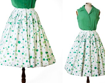 1950s Green and White Pleated Polka Dot Skirt
