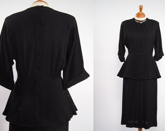 1940s Black Peplum Dress with Lace Collar and Cuffs main image 0