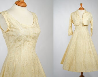 1950s Cream Lace Dress and Matching Bolero / Alfred Werber / 28" Waist