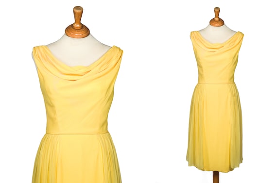 1960s Bright Yellow Cocktail Dress with Fringe Bodice