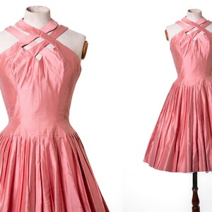 1950s Coral Pink Fit and Flare Dress with Cage Neckline