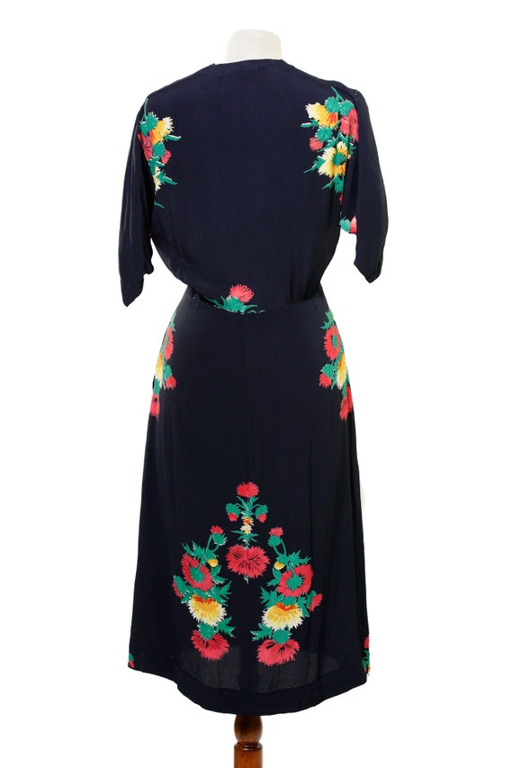 1940s Navy Dress with Floral Print / 40s Rayon Dr… - image 7