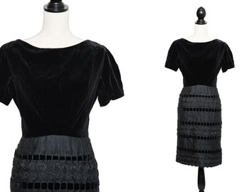 Robe en velours noir des années 1950 / 1960 / Robe en dentelle et ruban des années 50 / 60