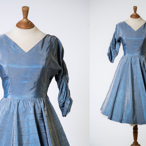 1950s JONATHAN LOGAN Blue Grey Taffeta Dress