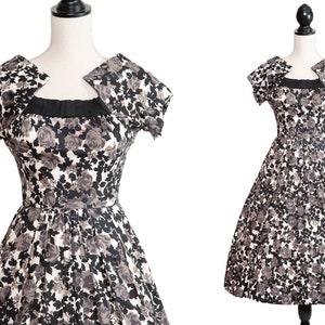 1950s Black White and Grey Floral Fit and Flare Dress / 50s Print Dress
