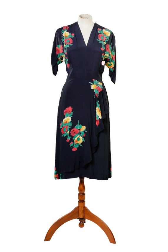 1940s Navy Dress with Floral Print / 40s Rayon Dr… - image 2