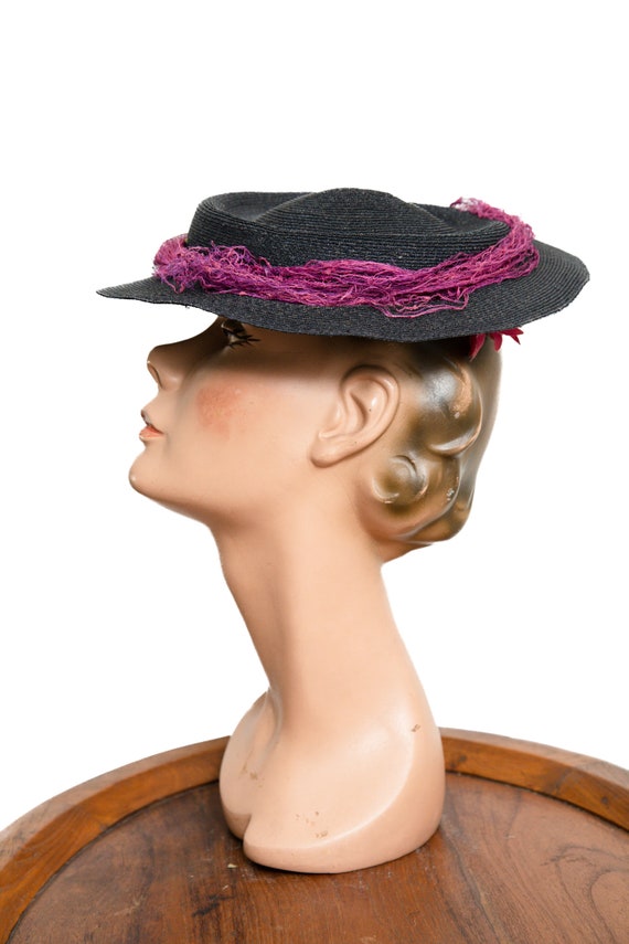 1930s / 1940s Navy Straw Hat with Fuchsia Pink Fl… - image 7