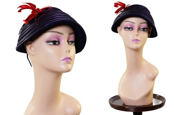 1950s Navy Wide Brim Hat / 50s Bucket Hat / Red Feather  display picture 1