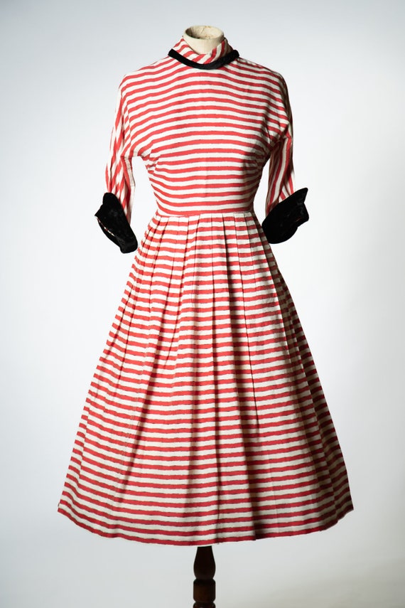 1940s / 1950s Red, White and Black Striped Dress … - image 3