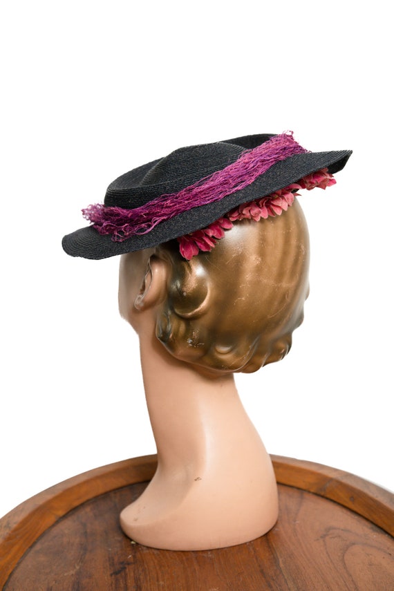 1930s / 1940s Navy Straw Hat with Fuchsia Pink Fl… - image 6