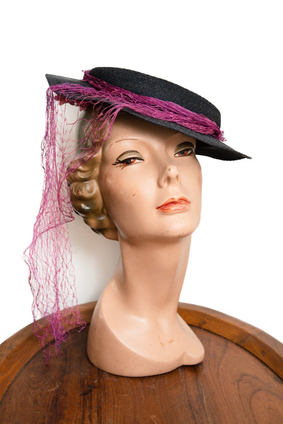 1930s / 1940s Navy Straw Hat with Fuchsia Pink Fl… - image 2