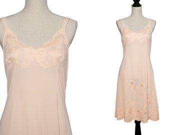 1960s Peach Nylon Nightgown / 60s Slip with Lace Appliqué / Up to 34" Waist