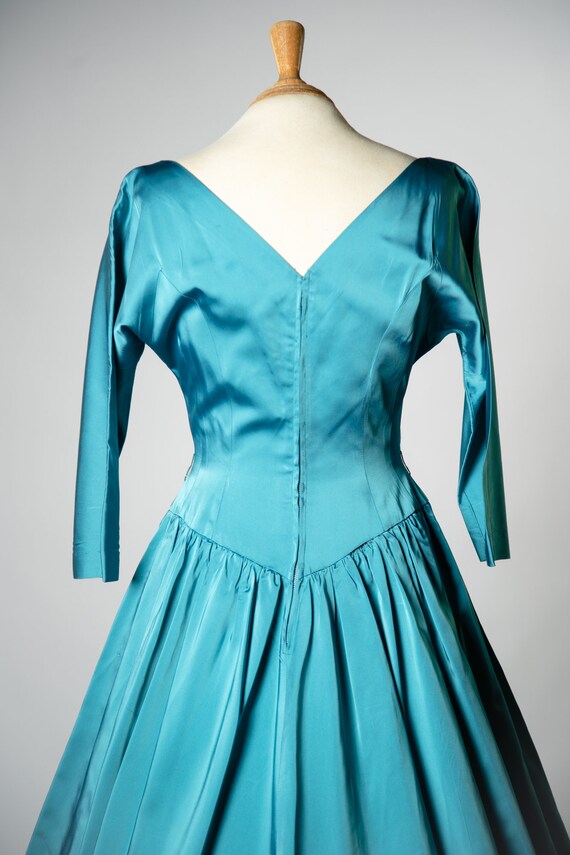 1950s Teal Blue Satin Tea Length Dress / 28" Waist - image 9