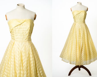 1950s Yellow Strapless Tea Length Dress