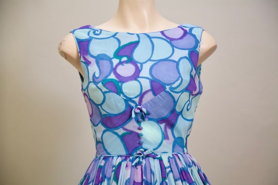 1950s fit and flare / blue purple and teal dress w
