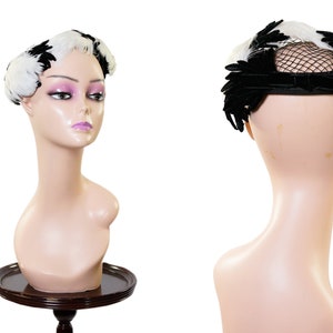 1950s Black and White Feather Hat / 50s Mini Hat with Black Velvet and Net, White Feathers and
