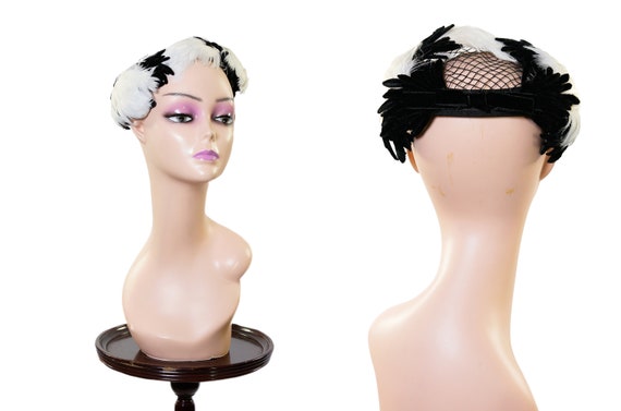 1950s Black and White Feather Hat / 50s Mini Hat … - image 1