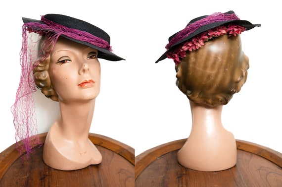 1930s / 1940s Navy Straw Hat with Fuchsia Pink Fl… - image 1