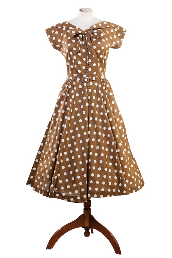 1950s Brown and White Polka Dot Cotton Secretary Dress / Buttons / Fabric  Belt - Etsy