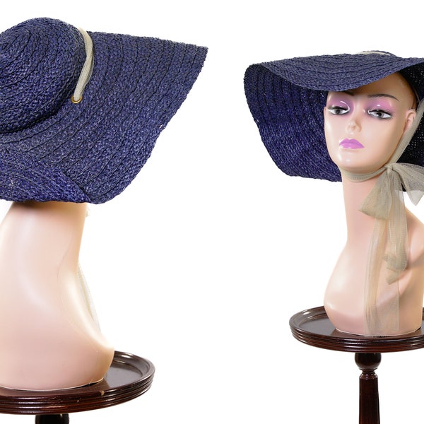 1930s / 1940s Blue Straw Sunhat / 30s 40s Navy Wide Brim Hat with Yellow Tulle Bow