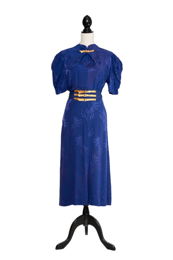 1930s Royal Blue Dress with Gold Belt Details / 3… - image 9