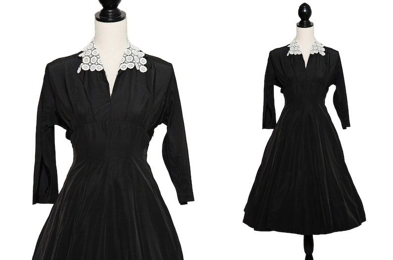 1950s Black Dress with White Lace Collar / 50s Fit and Flare Dress / 30 Waist image 1