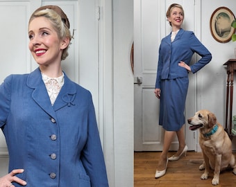 1940s 1950s Blue Suit / 40s 50s Jacket and Skirt Set