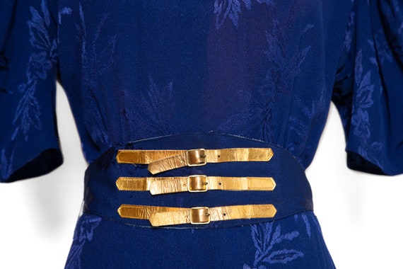 1930s Royal Blue Dress with Gold Belt Details / 3… - image 6