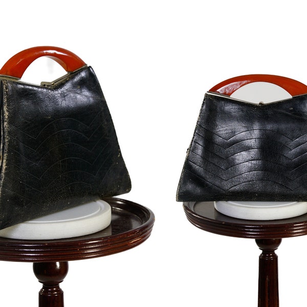1940s Black Leather Purse / Brown Handle / Geometric Design