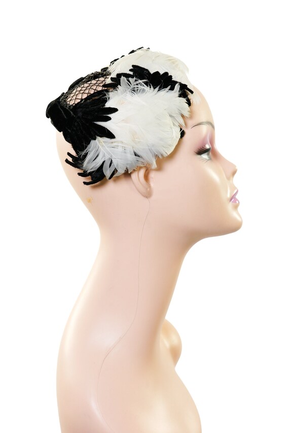 1950s Black and White Feather Hat / 50s Mini Hat … - image 9