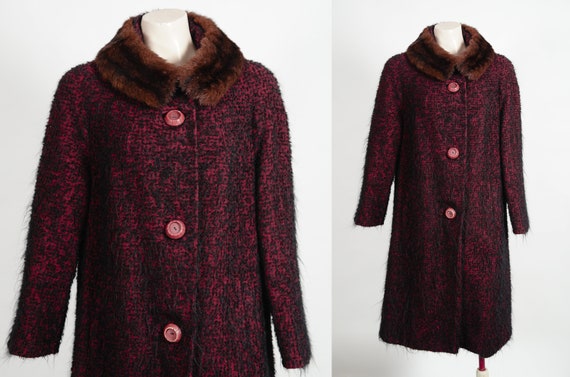 1960s Fuchsia and Black Mohair Swing Coat / Up to… - image 1